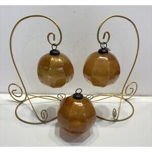 Antique Kugel Mercury Glass Ornament Large Amber Round Ball 3.5” Brass Cap Set 3